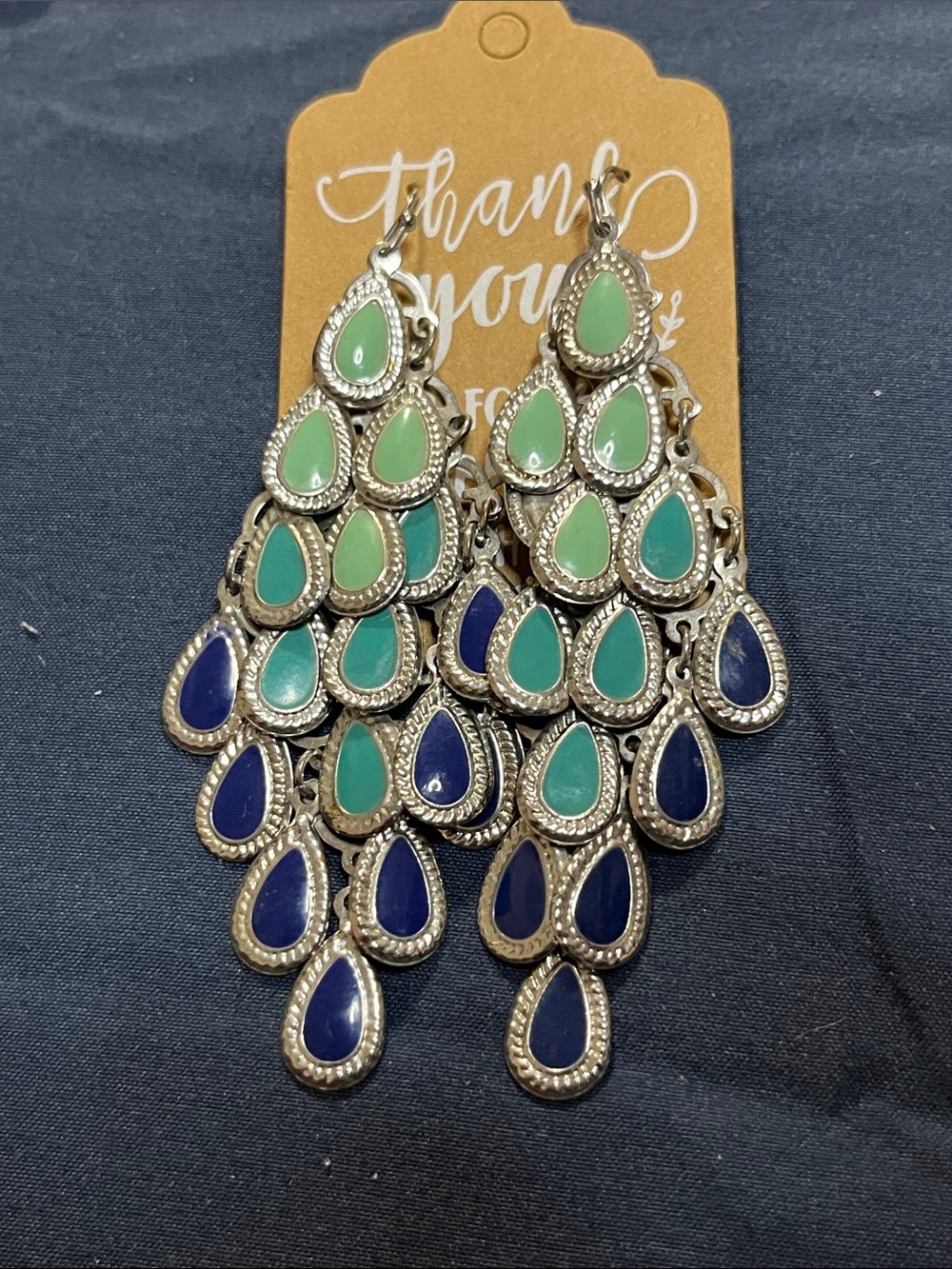 Vintage Teardrop Cascade Earrings — Green & Blue